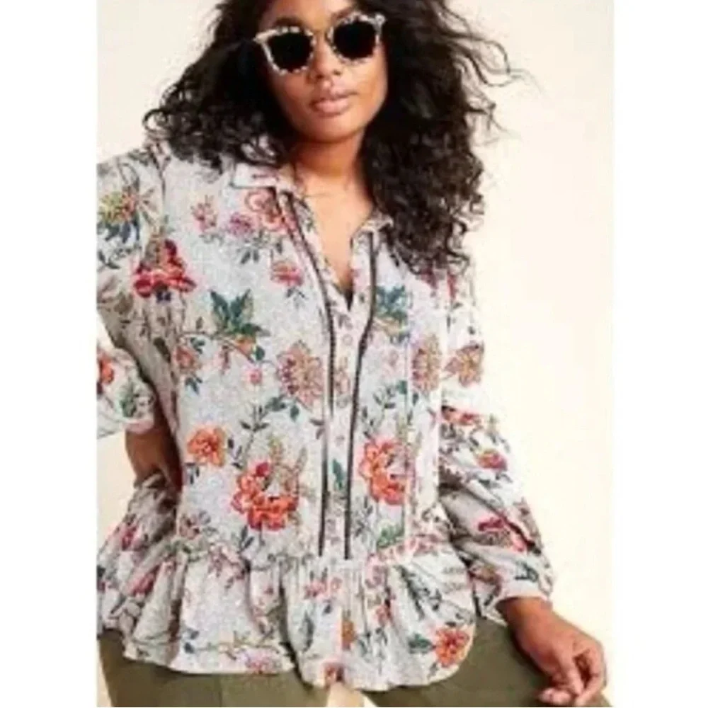 Anthropologie Maeve Janie Floral Flounced Hem Peasant Blouse Sz 2 - Picture 2 of 7